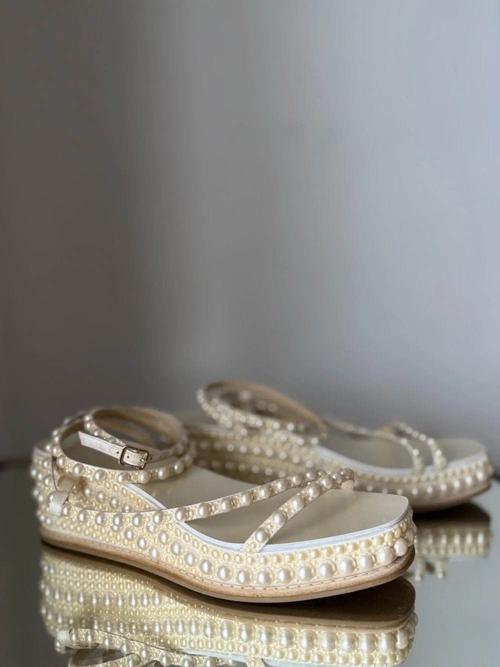 Jimmy Choo Drive Pearl-embellished Leather Espadrille Wedge Sandals  $1,525 39.5